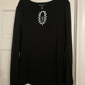 INC International Concepts Black Chiffon Long Sleeve Top with Jewel Accent